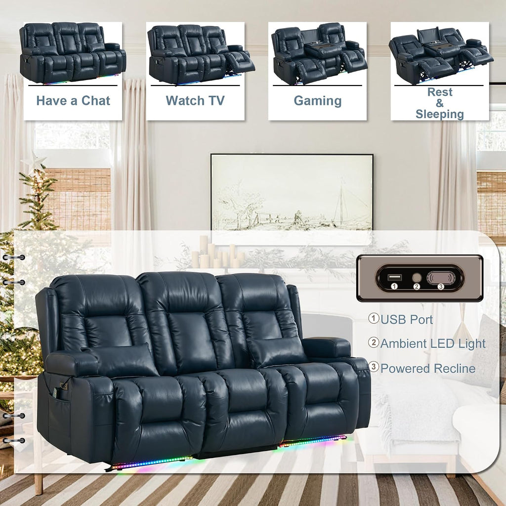TUNYI Power Loveseat Recliner Sofa with Massage & Heat Home Theater Seating with Console RV Recliner Loveseat Sofa with USB/Storage/Side Pocket/LED Light/Speaker (Blue, 3 Seat)