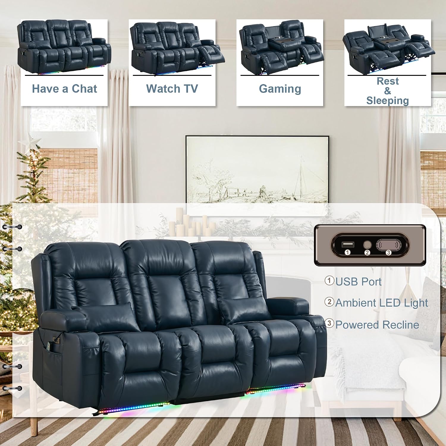 TUNYI Power Loveseat Recliner Sofa with Massage & Heat Home Theater Seating with Console RV Recliner Loveseat Sofa with USB/Storage/Side Pocket/LED Light/Speaker (Blue, 3 Seat)