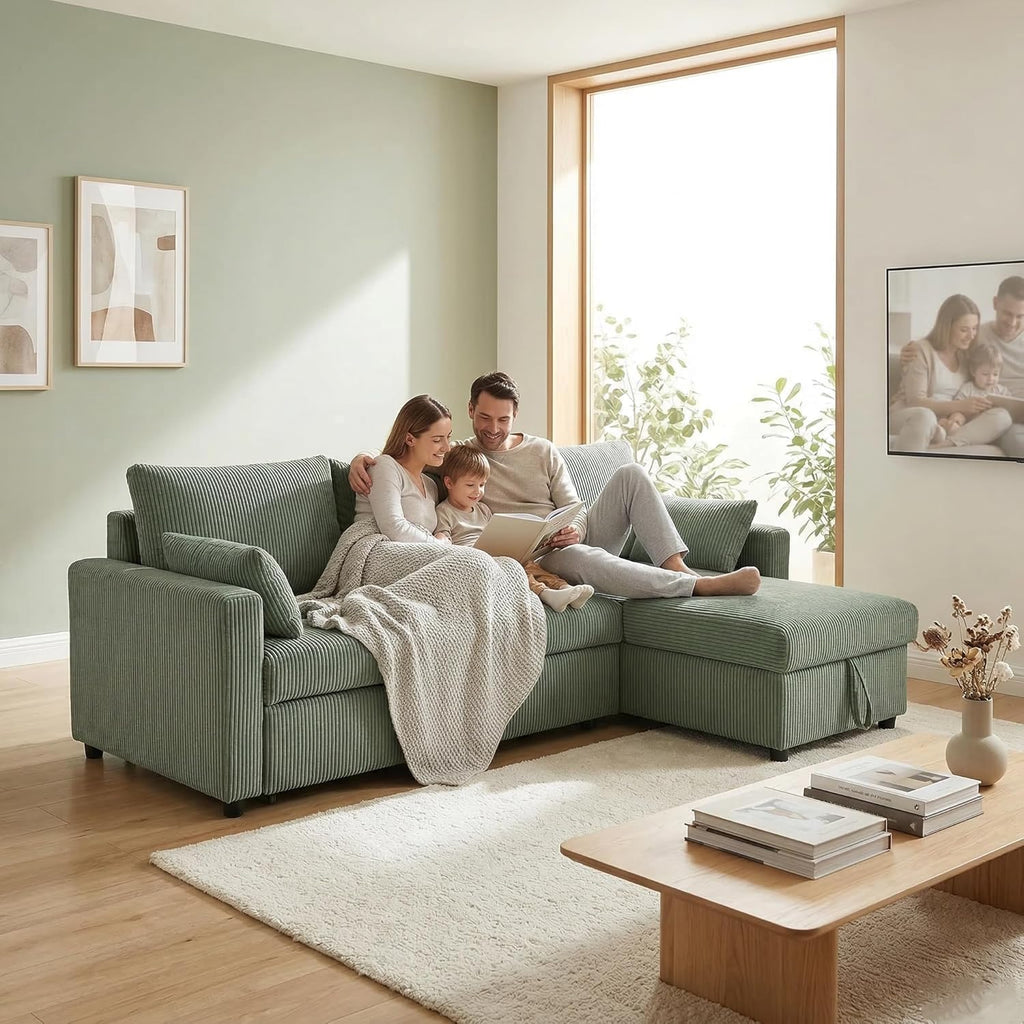 Queen Sleeper Sofa, Convertible Sofa Bed with Storage, 85 Inch Sectional Couch with Pull Out Bed, L Shaped 3 Seat Sectional Sleeper Sofa for Living Room, Apartment, Green