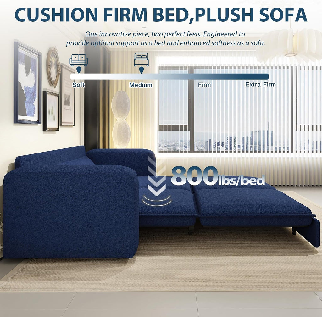93' King Pull Out Sofa Bed, Teddy Sleeper Sofa Couch, Modern Wide Armrest, 3 in 1 Convertible Futon Couches for Living Room, Small Space, Apartment, Office, Bedroom, Blue