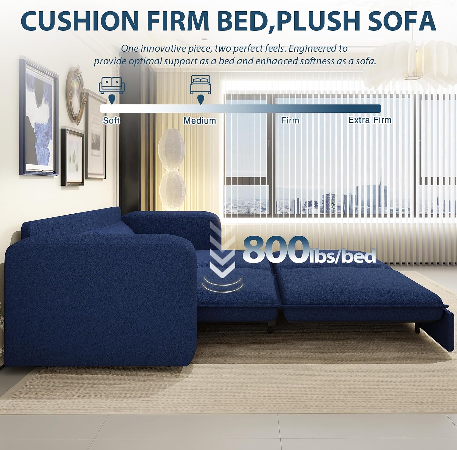 93' King Pull Out Sofa Bed, Teddy Sleeper Sofa Couch, Modern Wide Armrest, 3 in 1 Convertible Futon Couches for Living Room, Small Space, Apartment, Office, Bedroom, Blue