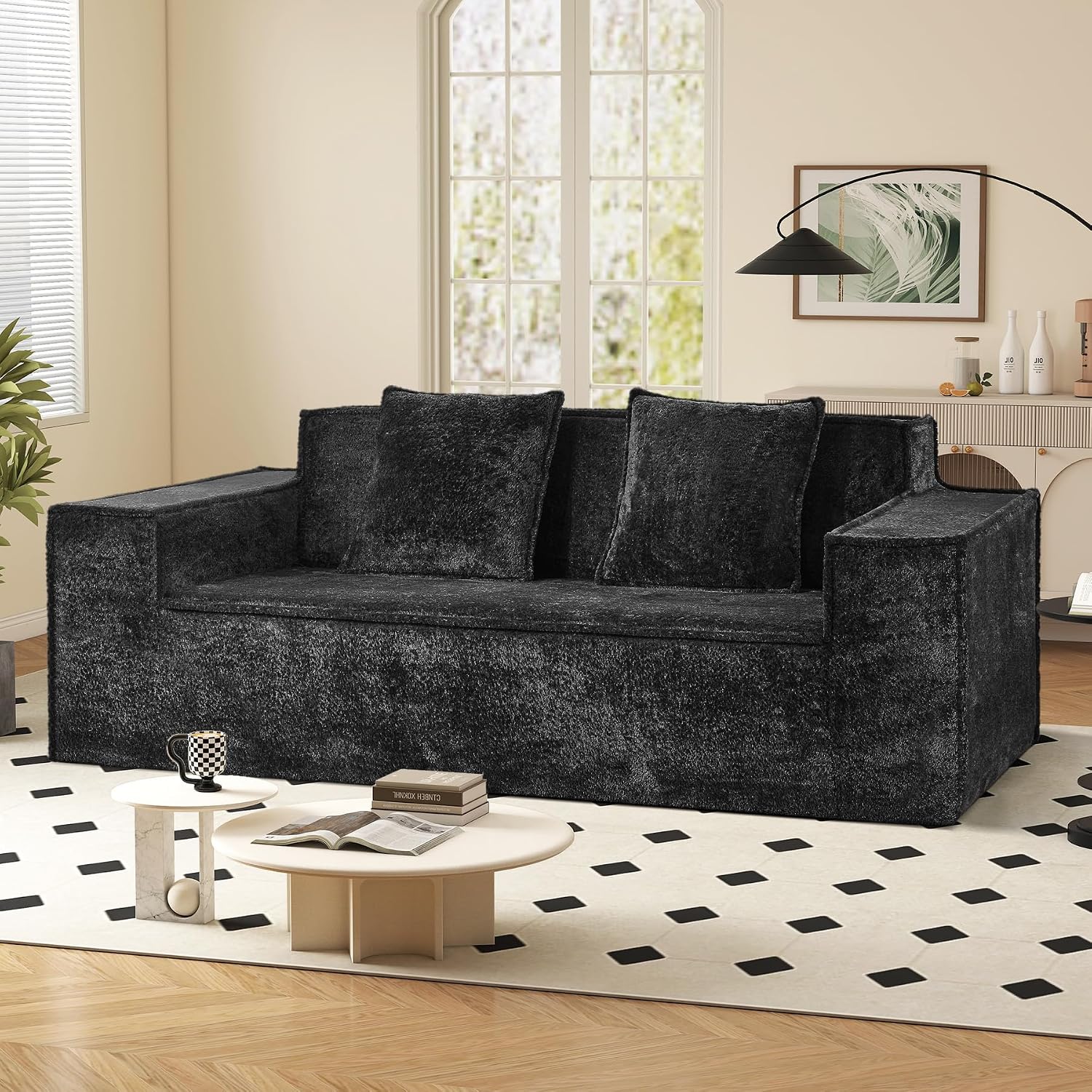 77'' Modern Cloud Loveseat Sofa in Chenille, Deep Seat Boneless Couches Includes 2 pcs Pillows for Living Room, Bedroom, Apartment(Black)