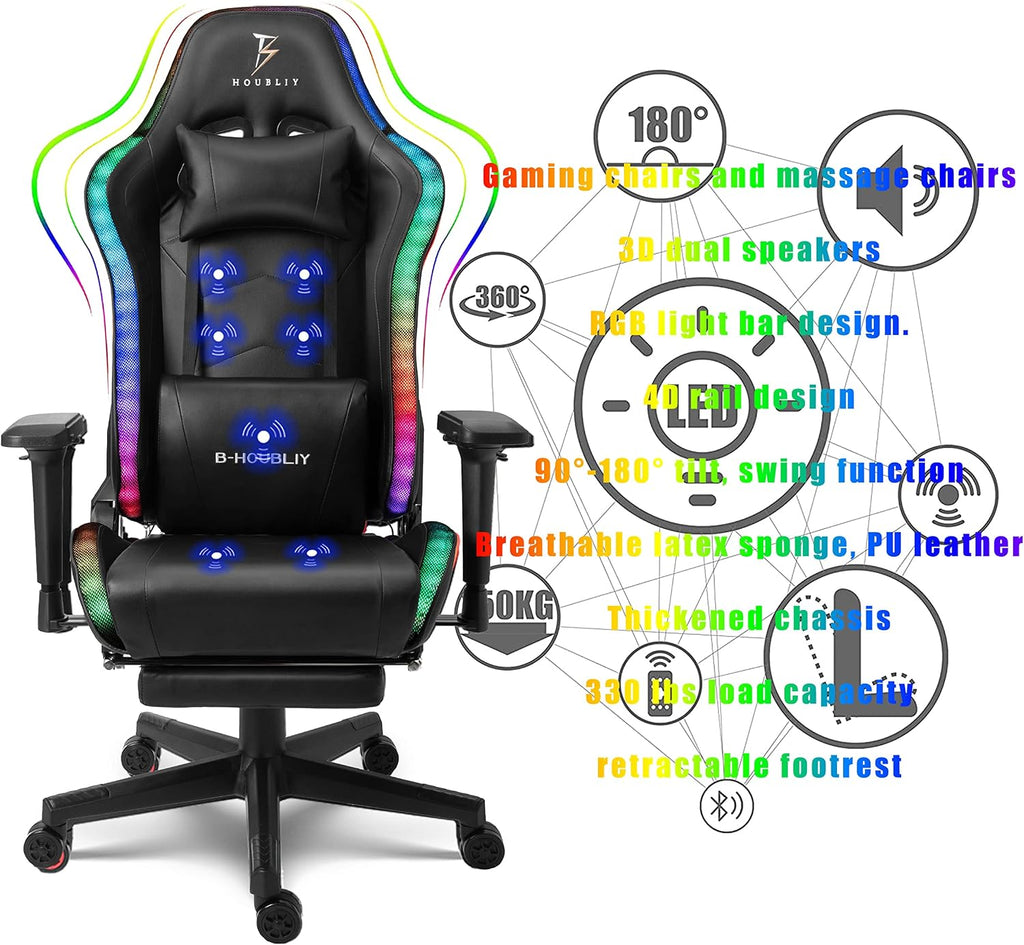 Adult Video Gaming Chair with 7-Point Massage Function and Speakers,Ergonomic Gaming Chair with Footrest and Lumbar Support,PU Leather, 360° Swivel,180° Tilt High Back Office Chair.,Black