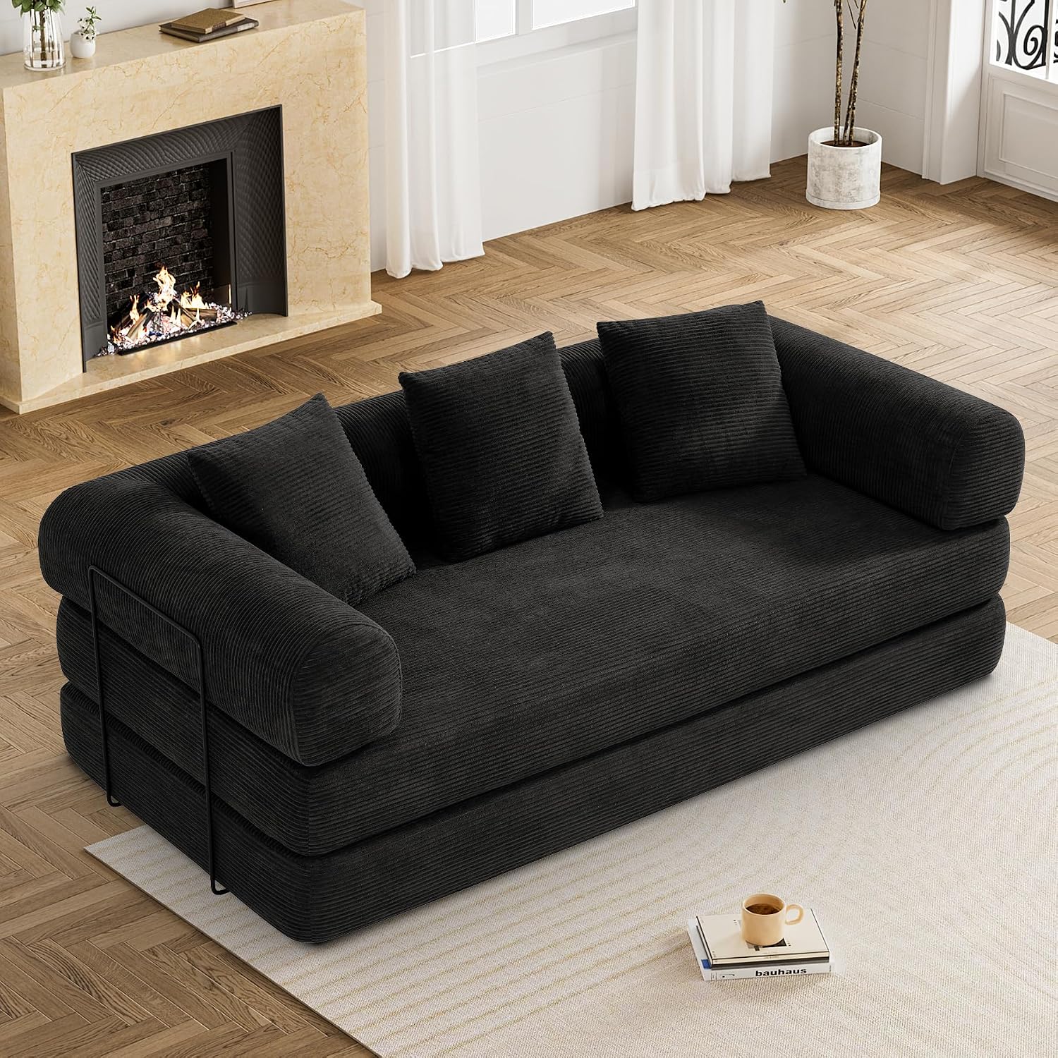 DAMAIFROM Convertible Sleeper Sofa Bed with Cylindrical Pillow,Corduroy Folding Mattress Couch with Fixed-Shape Frame,Modular Floor Sofa Lounge Couch for Living Room Bedroom Lounge,80',Black