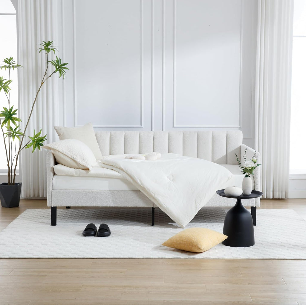 GDFStudio Twin Size Upholstered Daybed, Futon Sofa Bed Ribbed Tufted Backrest Lavish Modern Design, Couch Bed Frame for Bedroom Living Room Guest Room Apartment,Ivory Boucle