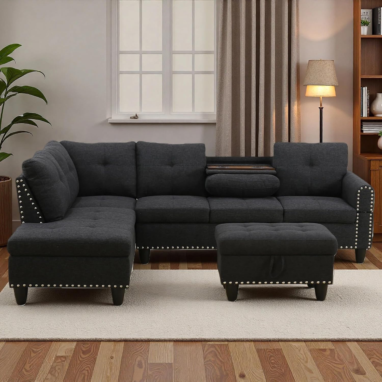 3-Piece L-Shaped Modular Sofa – Convertible Sectional Couch with Movable Chaise & Storage Ottoman, Multi-Scene Use for Living Room, Apartment & Office, Black Grey