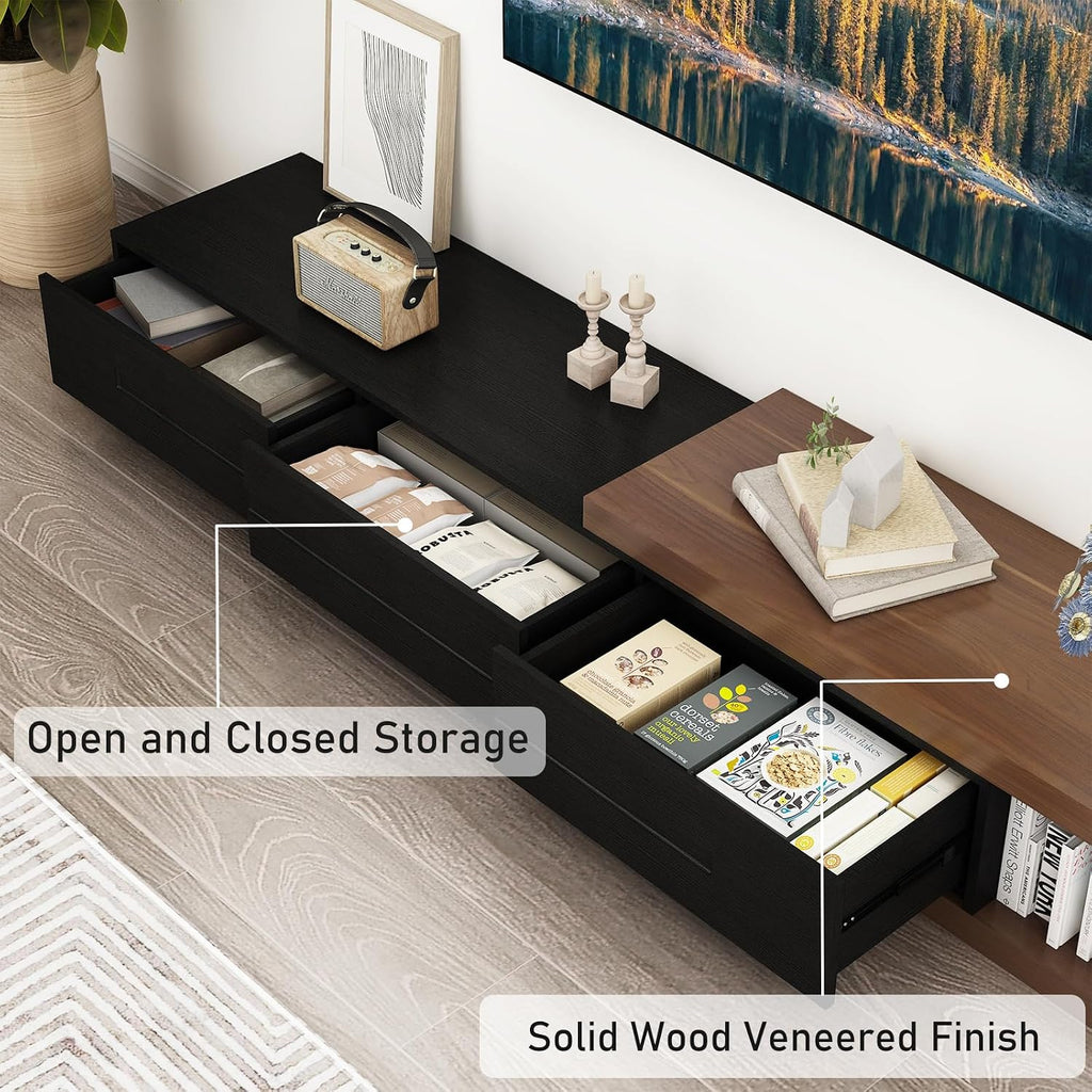 Hlivelood Extendable TV Stand, Modern Entertainment Center for Up to 120 Inch TV, Wood Reversible TV Media Console with 3 Drawers for Living Room Bedroom, 82-110'(Black& Walnut)