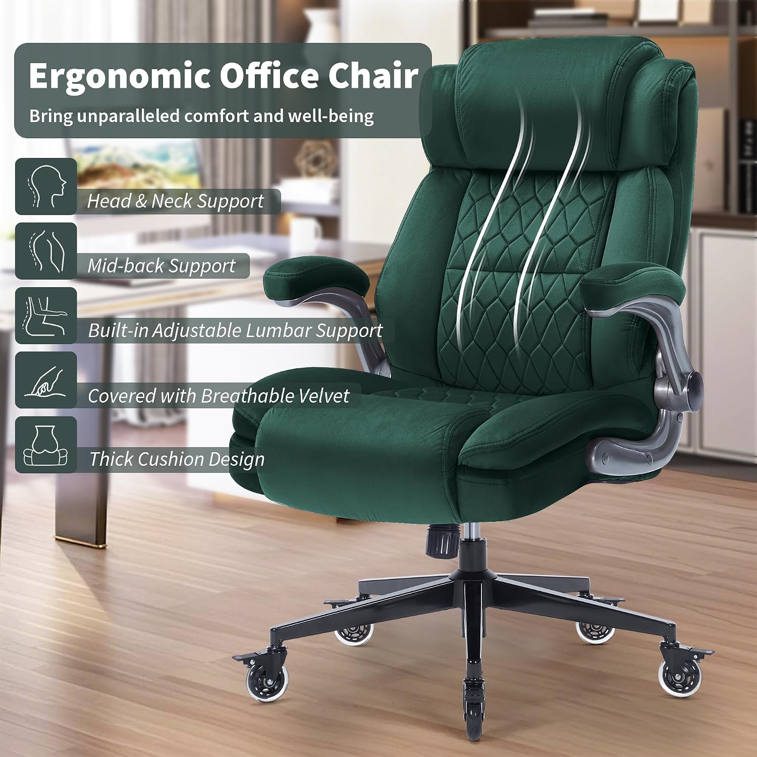 Office Chair with Locking Wheels, Ergonomic High Back Fabric Desk Chair with Adjustable Lumbar Support, Flip-Up Arms, Thick Padded Seat, 400lbs Heavy Duty for Home Office Adults
