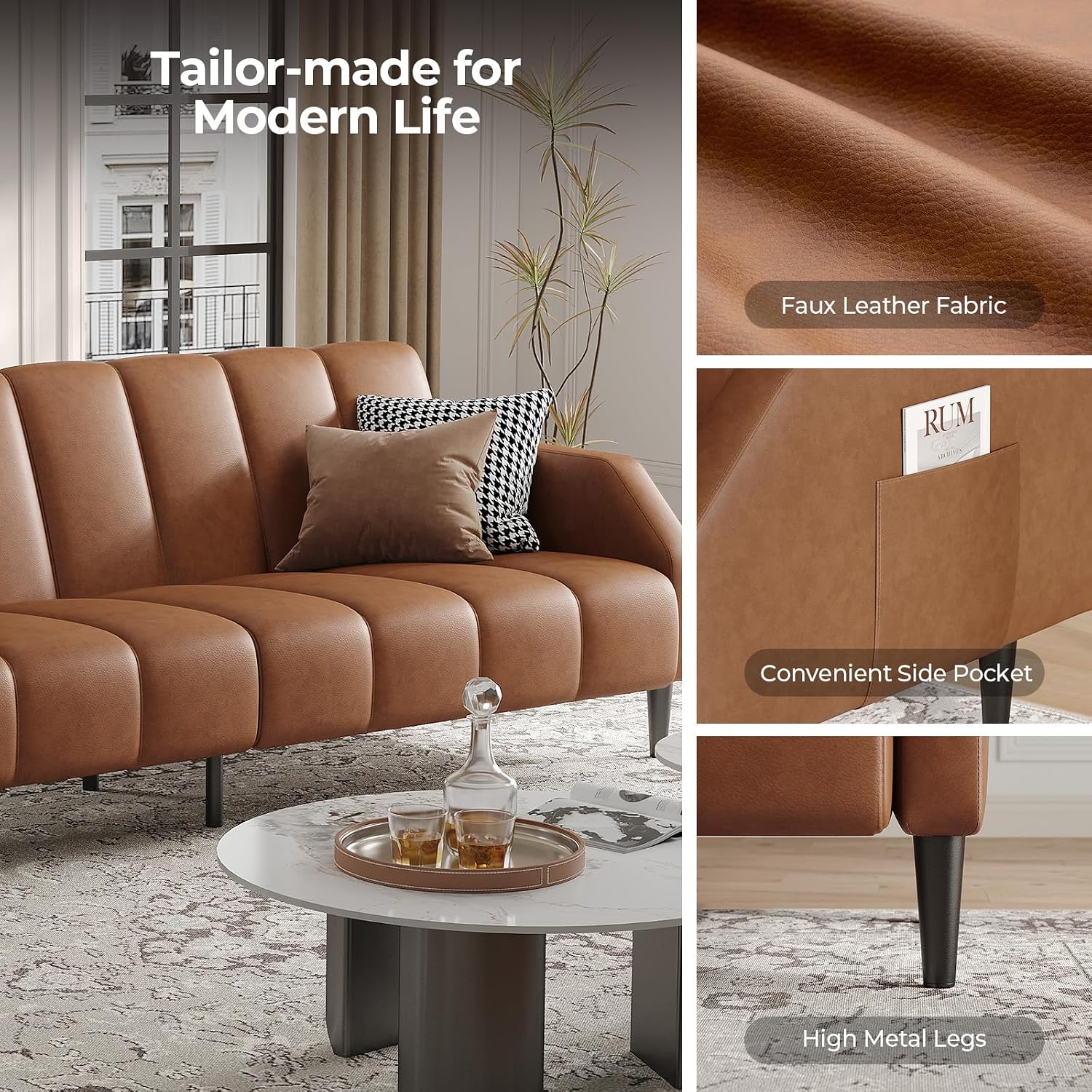 Fadware Faux Leather Couch, Convertible Futon Sofa Bed with Adjustable Backrest, Mid Century Leather Sofa Loveseat with Side Pockets& Metal Leg, Modern Leather Sleeper Sofa for Living Room Bedroom