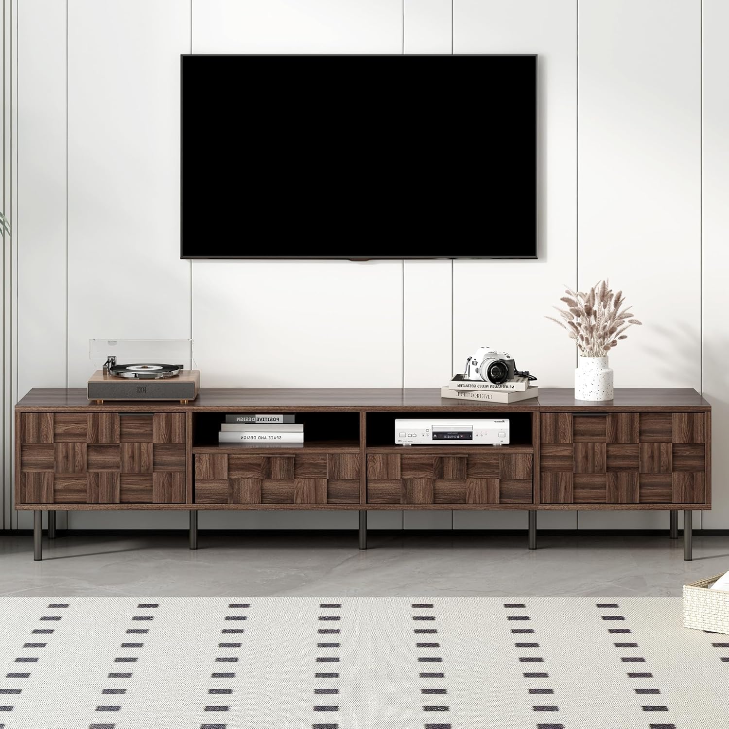 Merax 80' TV Stand for TVs Up to 85', Modern Entertainment Center with 2 Drawers, 2 Doors, and Open Space, Media Console with Unique Mosaic Front Design for Living Room