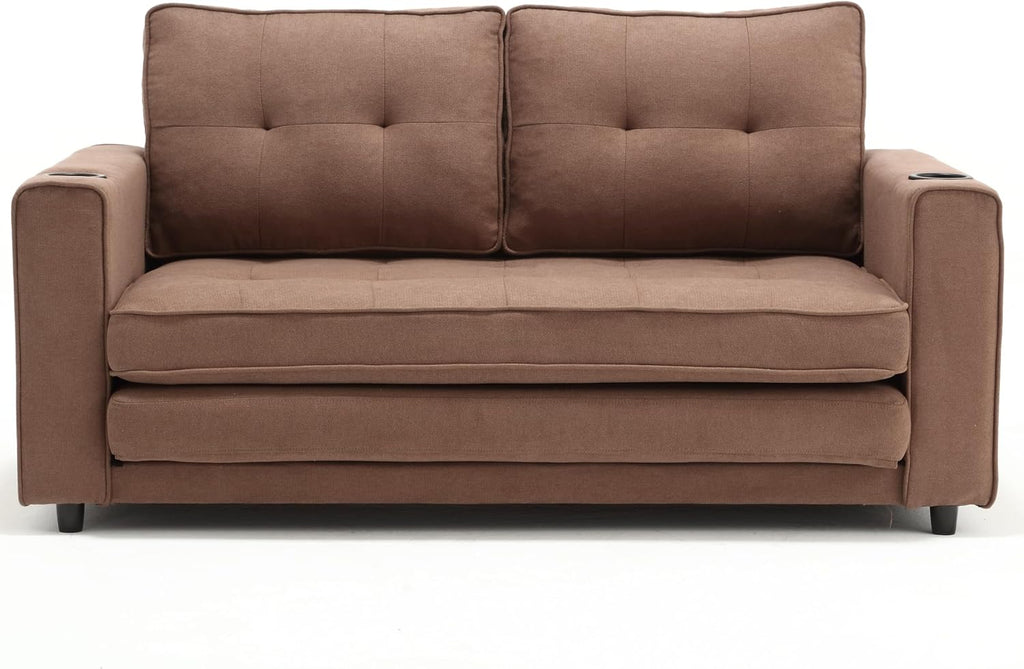 Merax Folding Sofa Bed with 2 Storage Pockets, Linen Convertible Couch Bed with Cup Holders, Loveseat Sleeper Sofa, Folding Couch Bed for Small Spaces for Living Room, Apartment, Brown