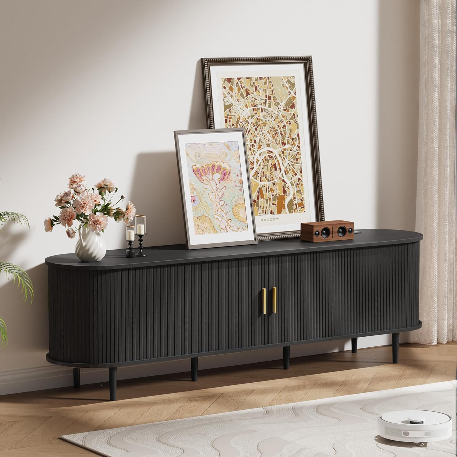 DHH 70.8 Inch Mid Century Modern TV Stand with Power Outlet for TVs up to 80 Inch, Entertainment Center with Storage and Adjustable Shelves, Media Console with Sliding Doors for Living Room, Black