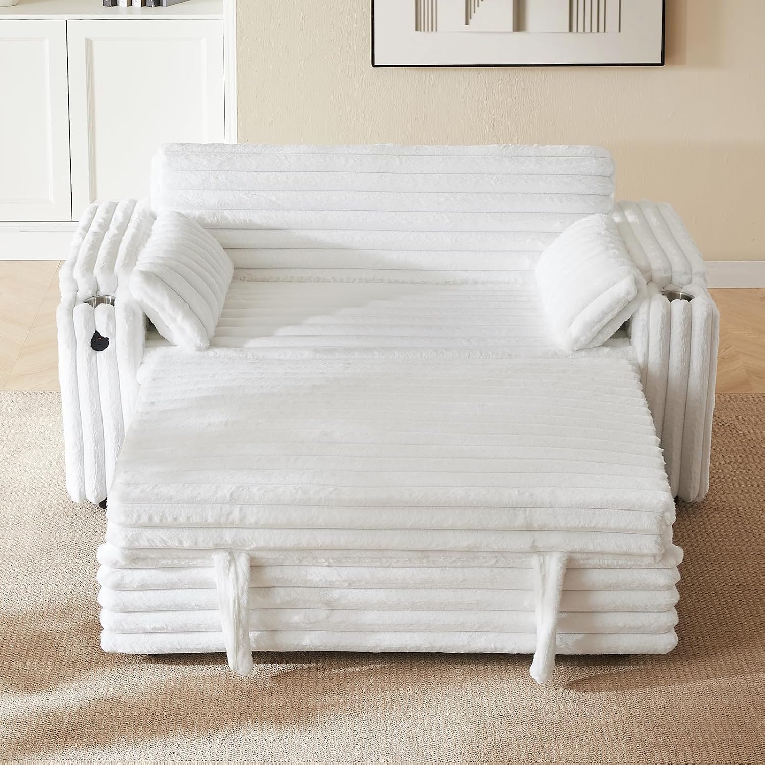 hansones 68' Corduroy Convertible Sofa Bed with USB, Storage Armrests & Pillows – 3-in-1 Foldable Sleeper Chair Floor Couch for Living Room, Bedroom, Guest Room (ZY-1109-White)