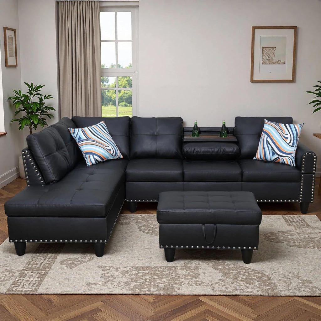 Leather 3-Piece L-Shaped Sectional Sofa with Storage Ottoman & Movable Chaise - Modular Convertible Couch for Living Room, Bedroom & Small Apartment, Jet Black