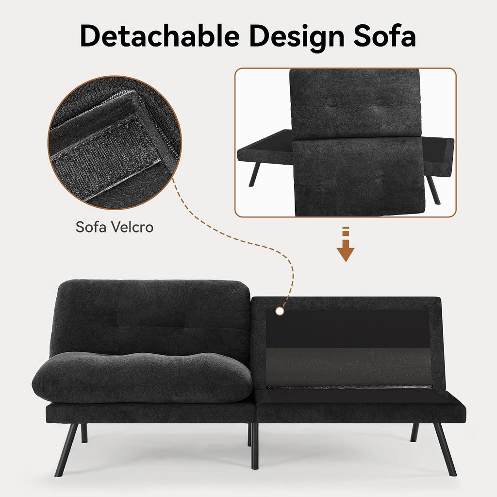 Convertible Futon Sofa Bed with Adjustable Backrest & Detachable Cushions – Plush Terry Cloth Fabric Futon Couch Bed, Morden Folding Loveseat for Living Room,Office,Apartment,Retro Black