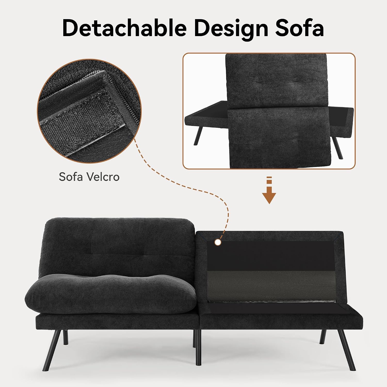 Convertible Futon Sofa Bed with Adjustable Backrest & Detachable Cushions – Plush Terry Cloth Fabric Futon Couch Bed, Morden Folding Loveseat for Living Room,Office,Apartment,Retro Black