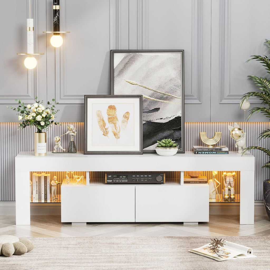YESHOMY Modern LED TV Stand for Televisions up to 70 Inch with Glass Shelves and Drawer, Gaming Entertainment Center with Multiple Dynamic RGB Modes, for Livingroom, Bedroom, 60 Inch, White
