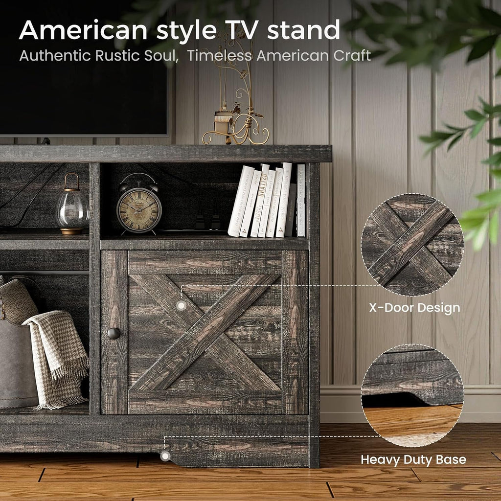 Casaottima TV Stand for 65 Inch TV, Farmhouse Entertainment Center with Power Outlet & LED Light and Storage Cabinets, Console Table and Media Furniture for Living Room Bedroom, Dark Oak