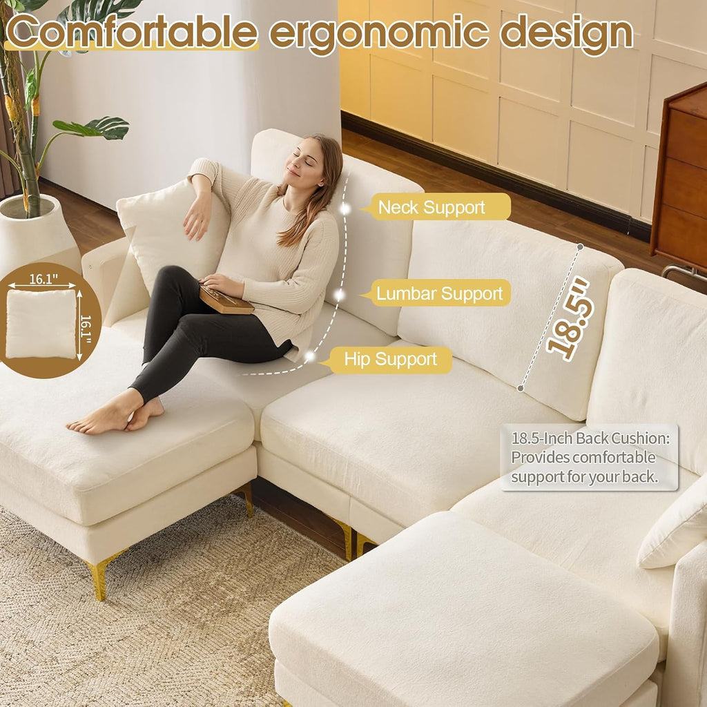 VINGLI 100' W U Shaped Couch with Ottoman, 22' Deep Seat Comfortable Sectional Couches for Living Room, 3 Seater Chenille Fabric Cloud Sofa for Apartment, Small Spaces, Bedroom, Beige