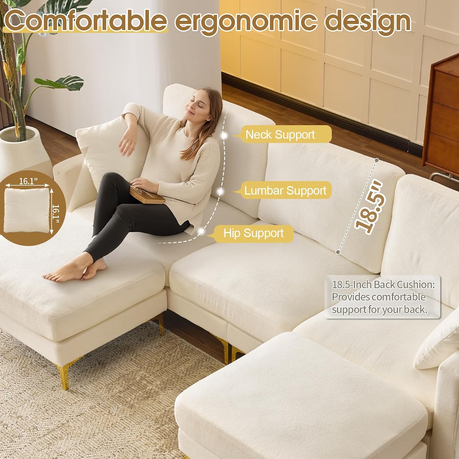 VINGLI 100' W U Shaped Couch with Ottoman, 22' Deep Seat Comfortable Sectional Couches for Living Room, 3 Seater Chenille Fabric Cloud Sofa for Apartment, Small Spaces, Bedroom, Beige