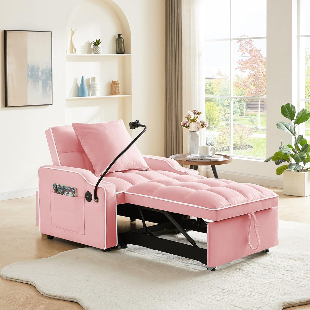 Convertible Single Sleeper Chair Bed,3 in 1 Velvet Futon Sleeper Sofa Bed with Phone Holder&USB Ports,Pull Out Couch Bed,Adjustable Recliner Armchair bed for Living Room,Office,Small Places(Pink)