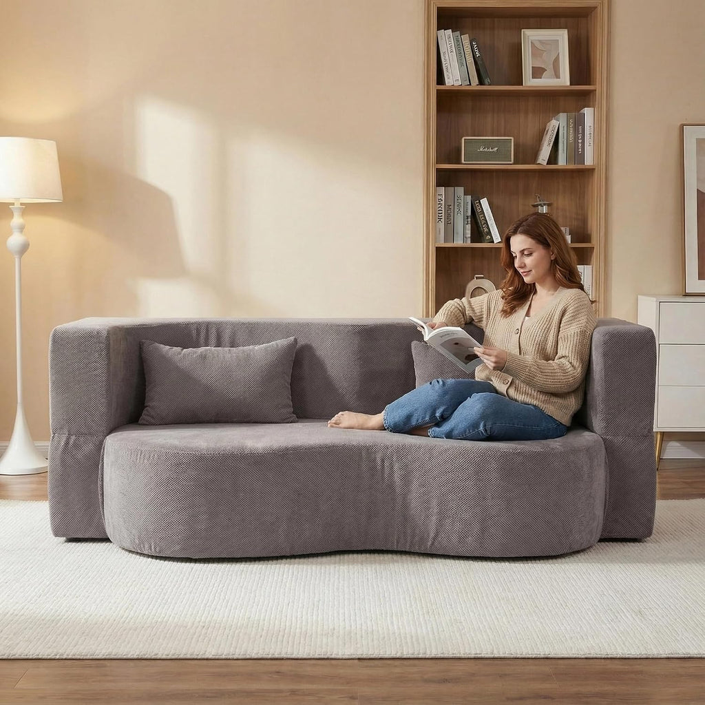 2-in-1 Convertible Sofa,78 Inch Pull Out Sofa Folding Sofa Bed with 2 Pilow Lazy Sofa, Corduroy Loveseat Sleeper Floor Sofa for Apartment Children's Room Bedroom Living Room, Grey | Pull Out Sofa Bed, Folding, 2 Pillows, Teddy Loveseat, Floor Sofa