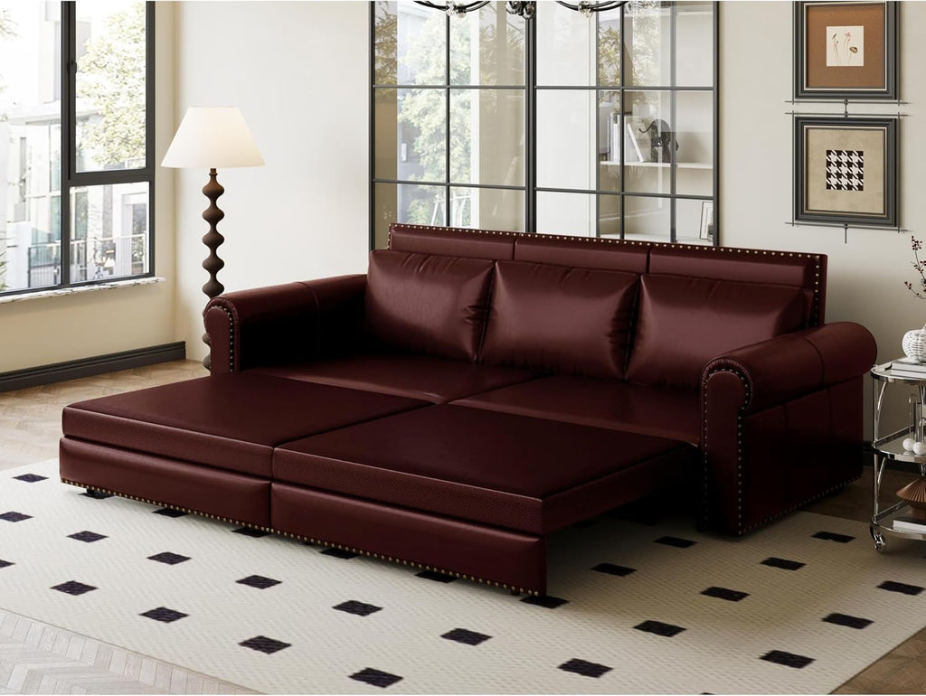 93.7' King Pull Out Sofa Bed, Faux Leather Sleeper Sofa Couch, 3 in 1 Convertible Futon Couches for Living Room, Small Space, Apartment, Office, Bedroom, Modern Rivet Armrest, Burgundy