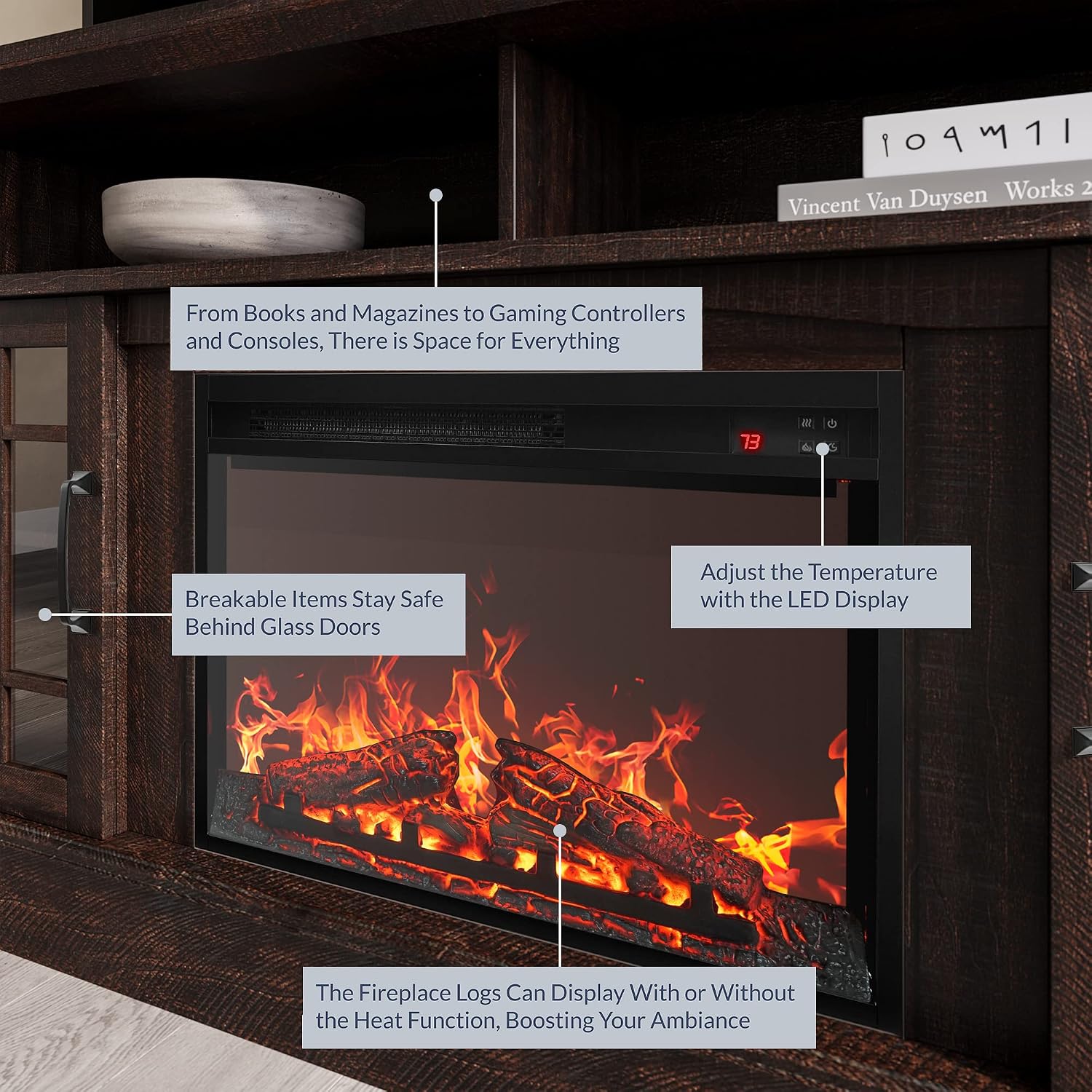 BELLEZE Traditional 58' Rustic TV Stand with 23' Electric Fireplace Heater with Sound, Media Entertainment Center Console Table for TV up to 65' with Open Storage Shelves and Cabinets - Espresso