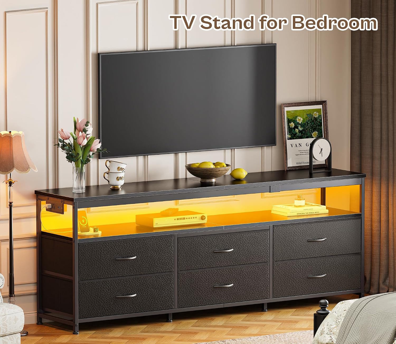 Huuger 63 Inch TV Stand for 55, 65, 70 Inch TV, Long Dresser TV Stand for Bedroom, Black LED TV Stand with Power Outlets, Fabric Drawer Dresser with Storage, Entertainment Center for Living Room