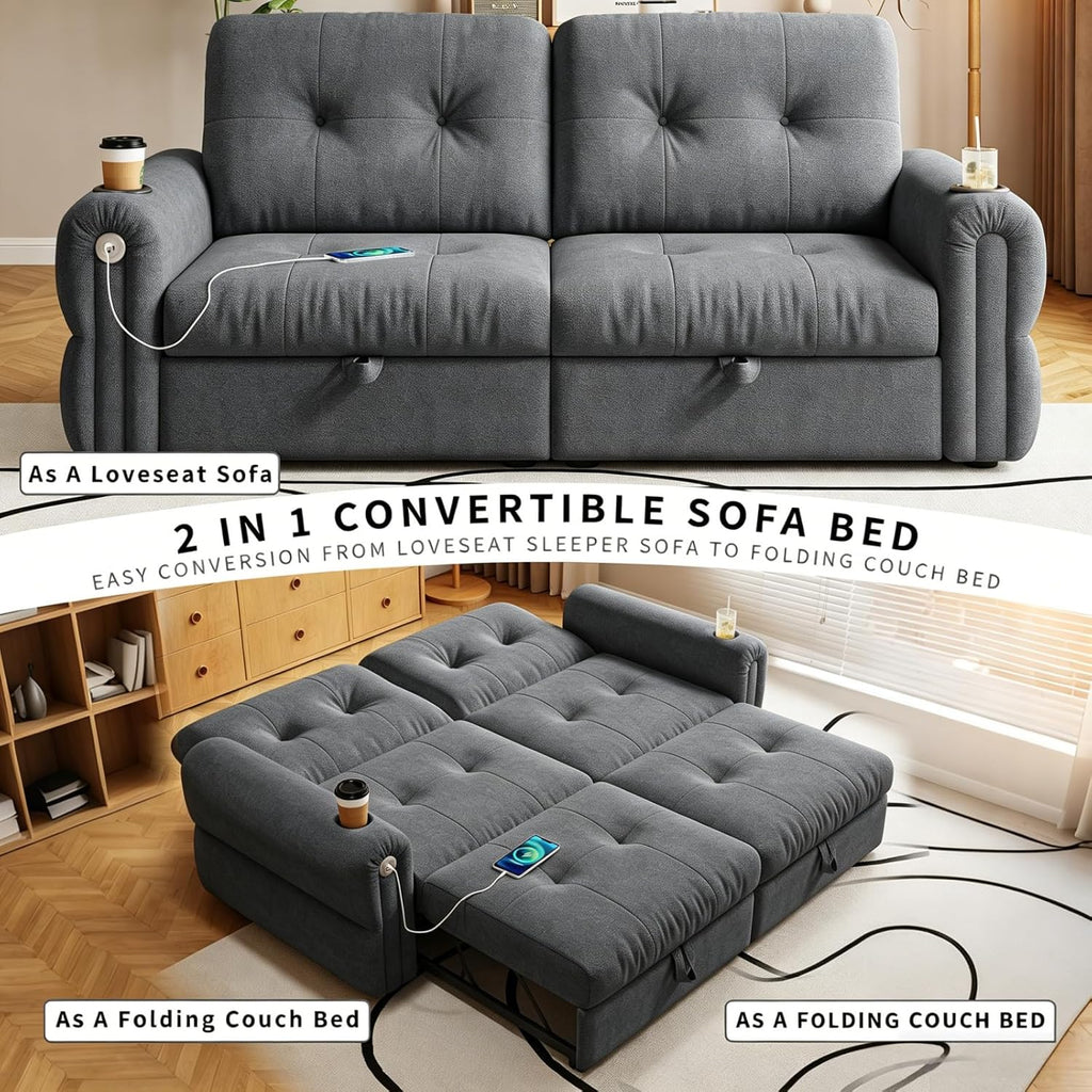Convertible Couches, Queen Size Pull Out Sofa Bed with USB Charging Port and Cup Holders, Plannelette Fabric Convertible Sofa Bed for Small Space, Living Room, Apartment, Guest Room, Dark Grey