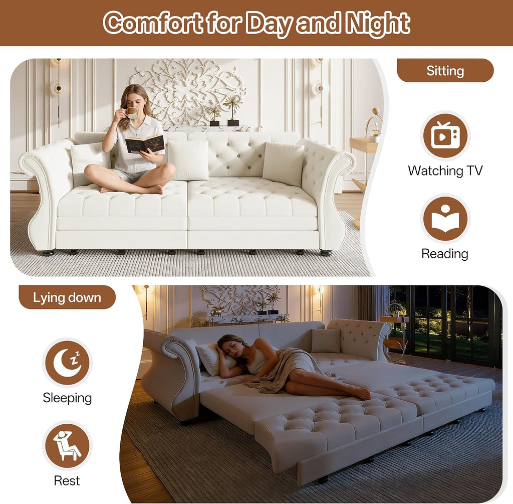 97.6'' Sleeper Sofa Bed King Size, Flower Tufted Pull Out Couch, Velvet Chesterfield Futon Couches, Modern 4 Seater Convertible Sofa, 3 Pillows for Living Room, Apartment, Offices, Beige