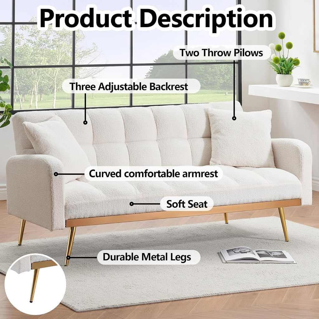 Comfy Futon Sofa Bed with 2 Pillows, White Futon Couch Bed with Gold Legs, Small Convertible Sofa Bed Couch for Living Room, Modern Loveseat for Bedroom, Curved Arms, Plush Tufted-Shaped,Teddy (Beige)