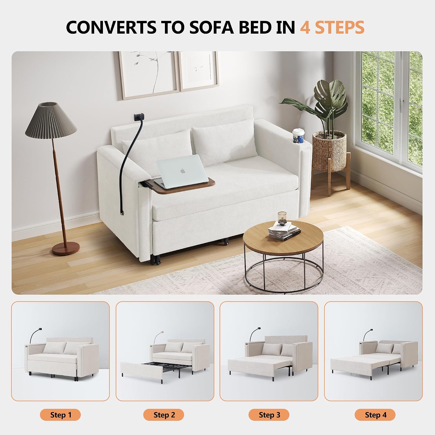 3-in-1 Convertible Sleeper Sofa Couch with Pullout Bed, Loveseat Sleeper Sofa Bed with Hidden Side Table, 56' Full Size Folding Futon Couch for Living Room Guest Room Apartment Home Office (Beige)