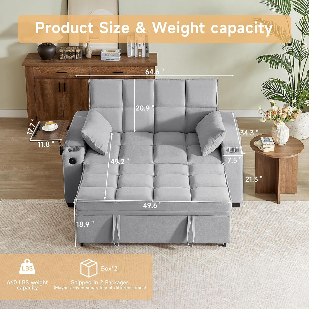hansones 66' Multi-Functional Pull-Out Sofa Bed with Hidden Side Table, Storage Armrests, Built-in Charging Port, Spring Mattress, Solid Wood Frame – Ideal for Small Spaces, Easy Assembly