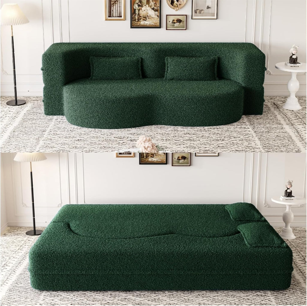 2-in-1 Folding Convertible Sofa Bed,78 Inch Convertible Boneless Couch with Pilow Foldable Matress, Teddy Loveseat Sleeper Pull Out Bed Floor Sofa Modular Futon Couch (Teddy, Green)