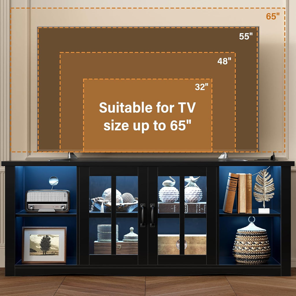YESHOMY Farmhouse LED TV Stand with Power Outlet, for Televisions up to 65 Inches, Wood Entertainment Center with Glass Door Storage Cabinet, TV Console for Living Room, Black