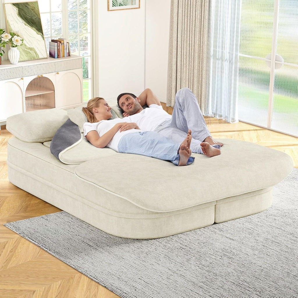 Antetek Convertible Sleeper Sofa, Modern Folding Futon Chenille Floor Foam Compression Loveseat Sofa Bed Couch, Foldable Full-Size Guest Bed with 4 Pillows for Living Room Bedroom Apartment, Beige