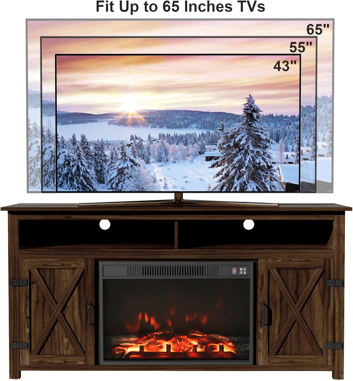Furmax Farmhouse Fireplace TV Stand for TVs Up to 65 Inch Highboy Entertainment Center with Open Storage and Side Cabinets Rustic Media Console Table with Barn Doors for Living Room (Barnwood)