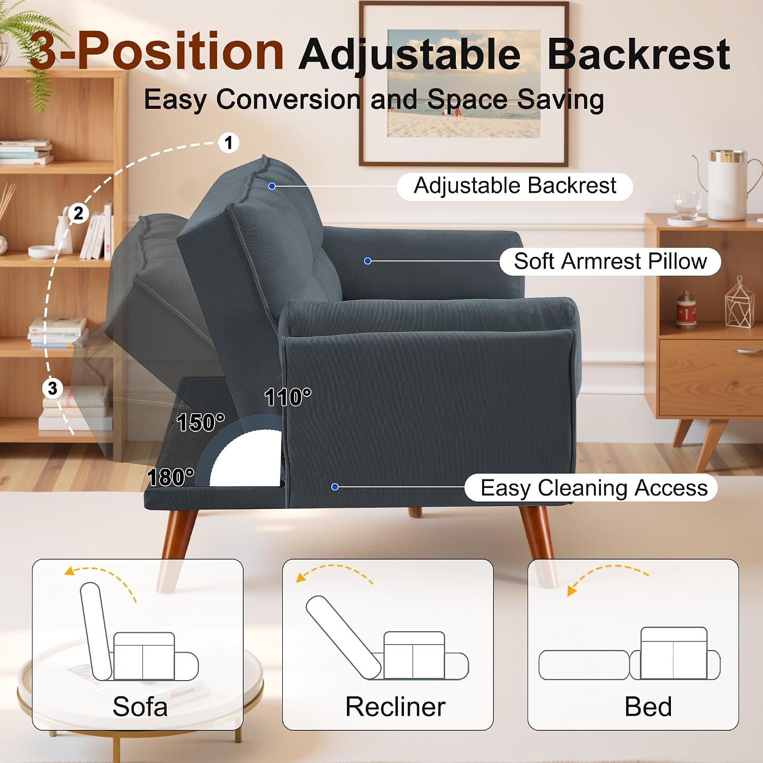 Convertible futon Sofa Bed, Sleeper Sofa Bed with Adjustable backrest, Small Space Small Sofa, Living Room, Bedroom (Dark Gray)