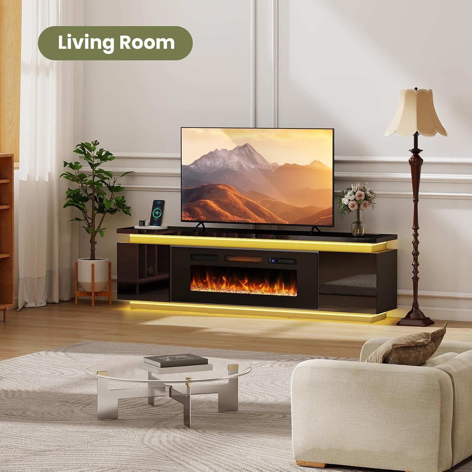 Lamtor Fireplace TV-Stand with 40' Fireplace - 2 LED Light TV-Stand for 85 inch TVs - Entertainment Center with 4 AC Power Outlets - 2 Tier TV Consoles Stand for Living Room, Black