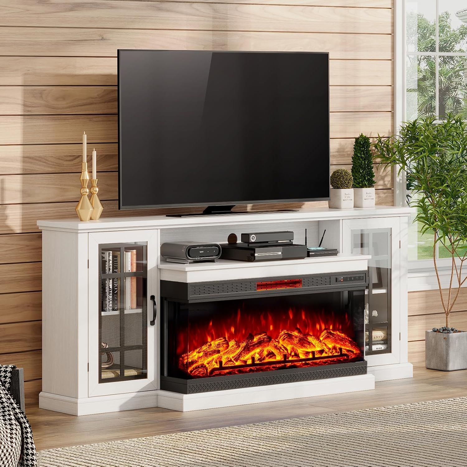 AMERLIFE 75in 3-Sided Glass Fireplace TV Stand for TVs up to 85', Rustic Fireplace Media Entertainment Center Console Table Cabniet with Glass Door Closed Storage, Distressed White