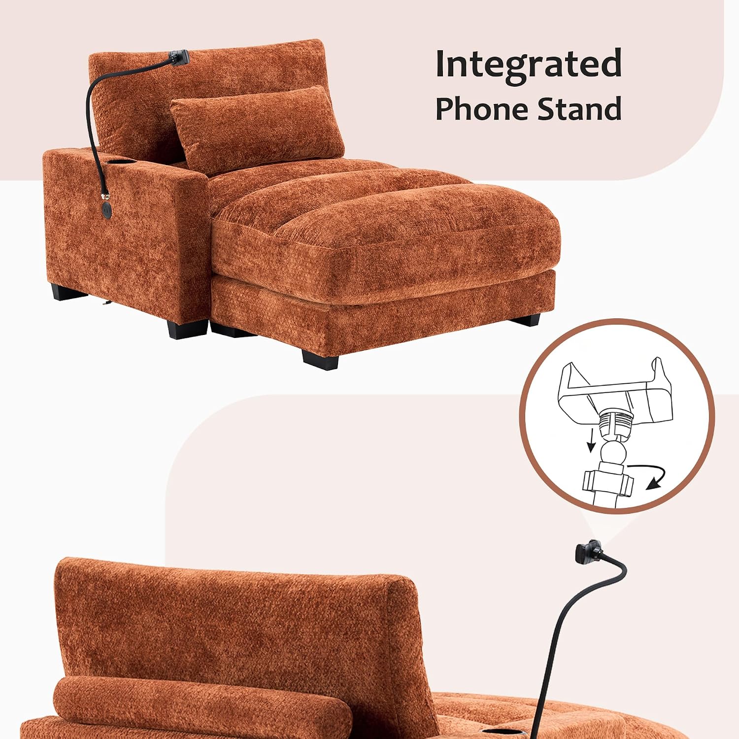 Yoglad Oversized Recliner Lounge Chair with USB Charging & Phone Holder - 400lb Heavy Duty Soft Chenille Reading Chair for Adults, Perfect for Small Spaces in Bedroom/Living Room, Orange