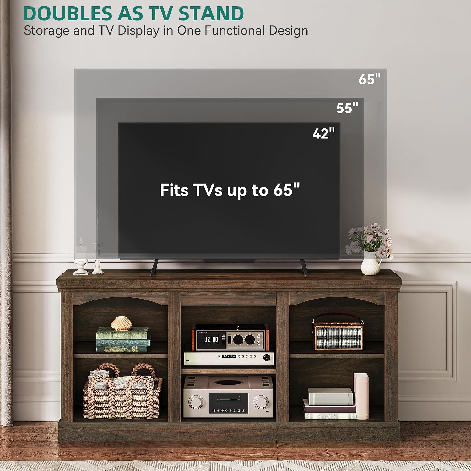 YITAHOME Farmhouse TV Stand for 65 Inch TV, Entertainment Center with Adjustable Shelf, Large TV Console Table for Living Room (Walnut)