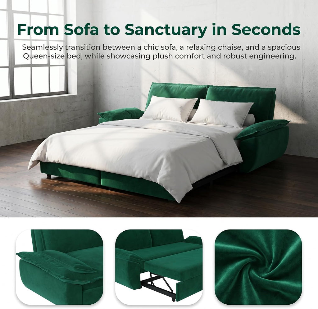 73.2' Sofa Bed Queen, 3-in-1 Pull Out Sofa Bed with Pillow Armrest, Modern Velvet Convertible Sleeper Futon Sofa for Living Room Small Space, Apartment, Bedroom, Green