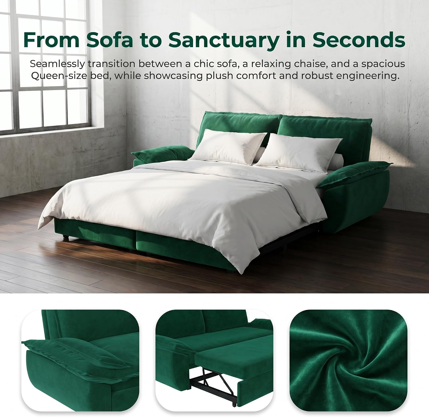 73.2' Sofa Bed Queen, 3-in-1 Pull Out Sofa Bed with Pillow Armrest, Modern Velvet Convertible Sleeper Futon Sofa for Living Room Small Space, Apartment, Bedroom, Green