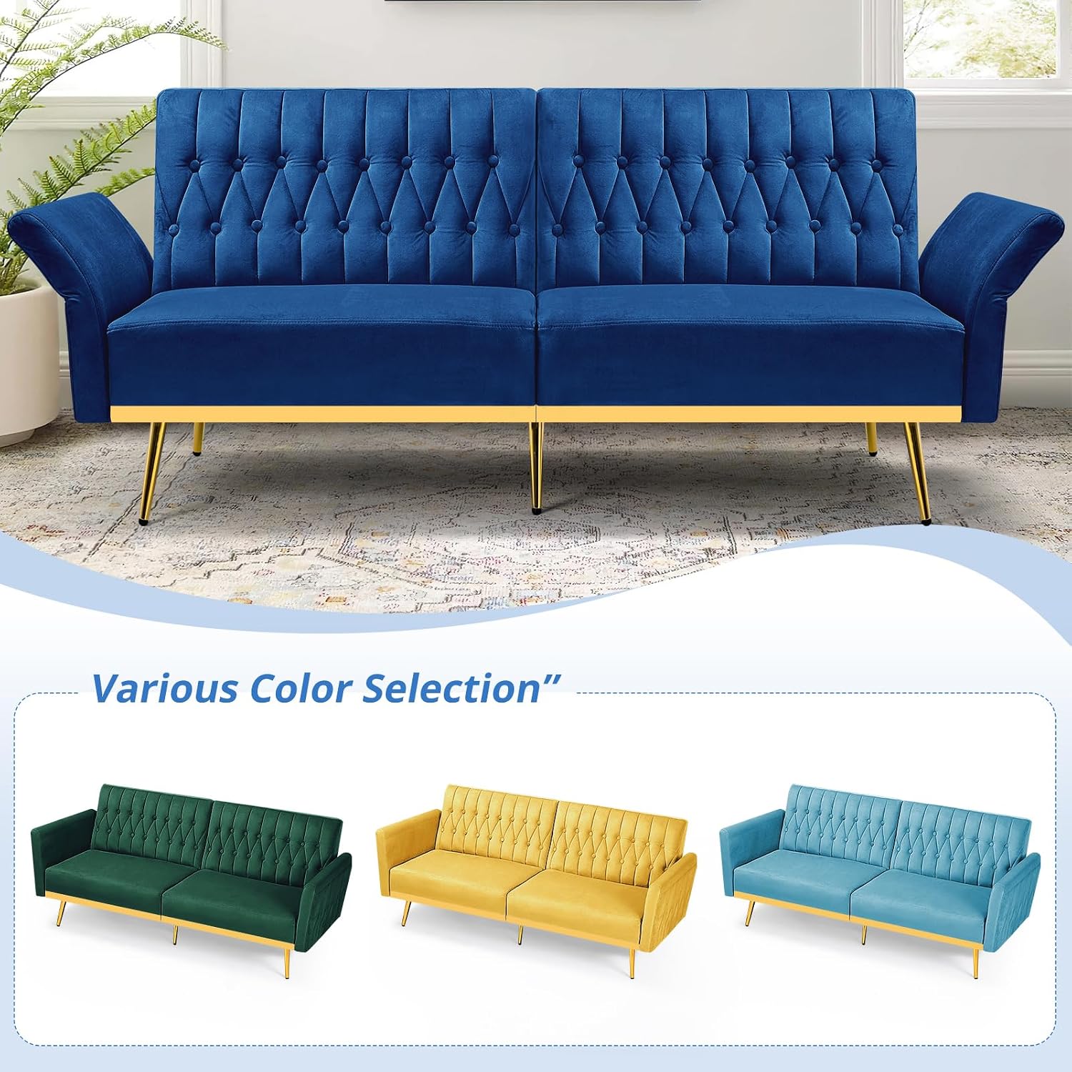 2 Pieces Velvet Futon Sofa Set with Adjustable Backrests and Armrests, 70' Convertible Sofa Bed & Tufted Accent Chair with Ottoman for Living Room, Blue