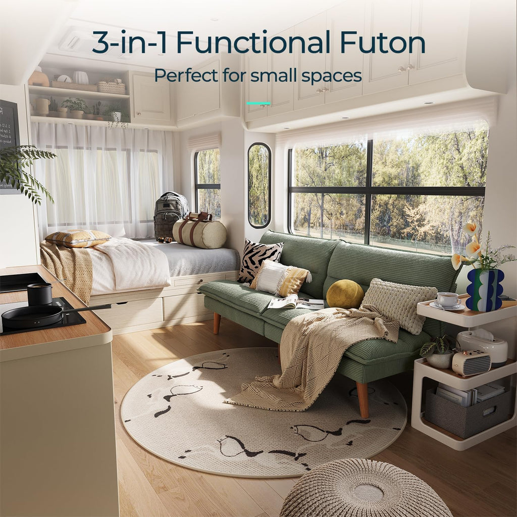 LINSY Futon Sofa Bed: Corduroy Futon Couch with Adjustable Backrest, Comfy Loveseat Convertible Folding Sleeper Sofa Couches for Small Spaces Living Rooms Apartment Office, Green