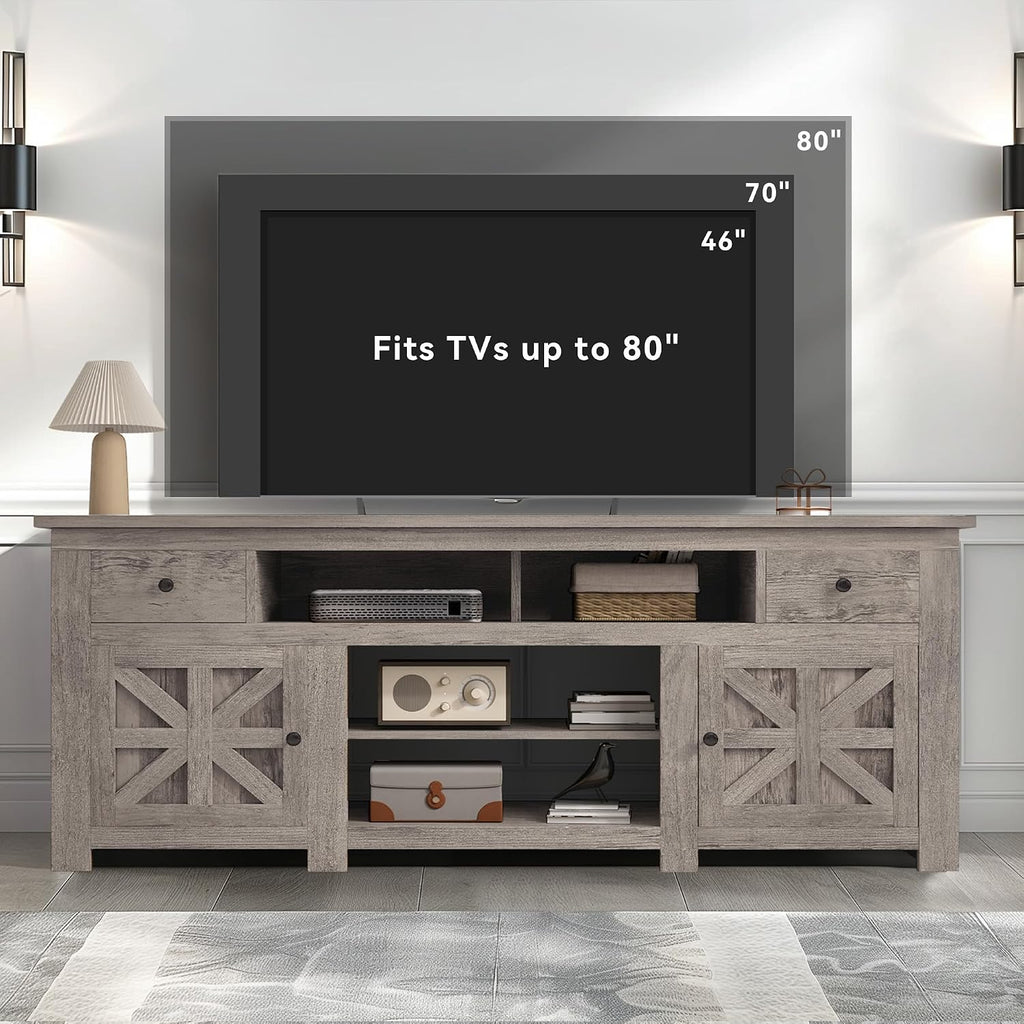 DWVO Farmhouse TV Stand for 75/80 Inches TVs, Entertainment Centers Furniture 30' Tall, TV Consoles with Storage Drawers & Power Outlet, Rustic TV Stands for Living Room, Washed Grey