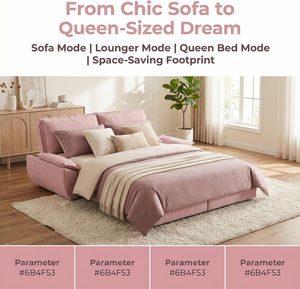 73.2' Sofa Bed Queen, 3-in-1 Pull Out Sofa Bed with Pillow Armrest, Modern Velvet Convertible Sleeper Futon Sofa for Living Room Small Space, Apartment, Bedroom, Pink