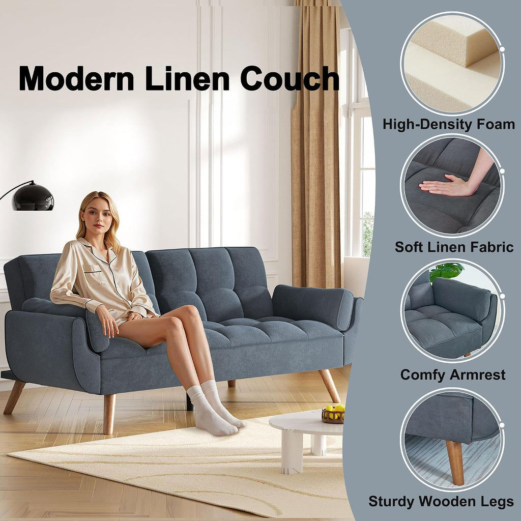Futon Couch for Small Spaces & Apartment, 2-in-1Modern Comfy Loveseat Convertible Sofa Bed, 75.4-Inch Compact Design for Living Room, Dorms, and Studios-Dark Grey